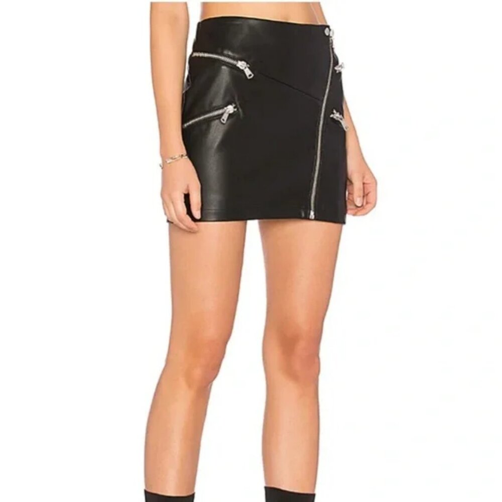 NWT Avec Les Filles Women's Black Faux Leather Zipper Moto Mini Skirt Size 6